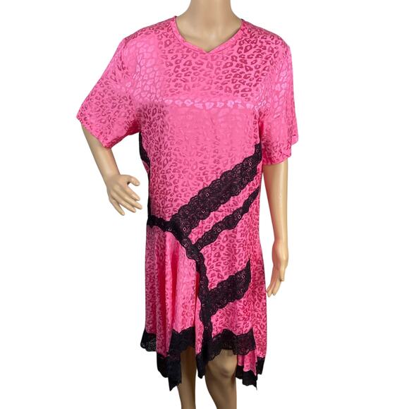 KOCHE Pink Leopard Jacquard Black Lace Asymmetric Shift Dress SZ 40/XS - Picture 3 of 11
